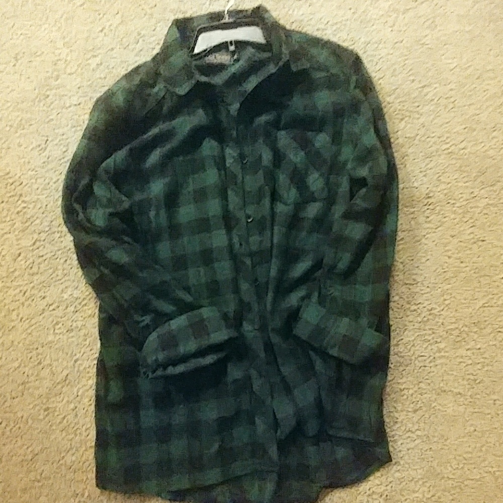 Green and black plaid button up shirt